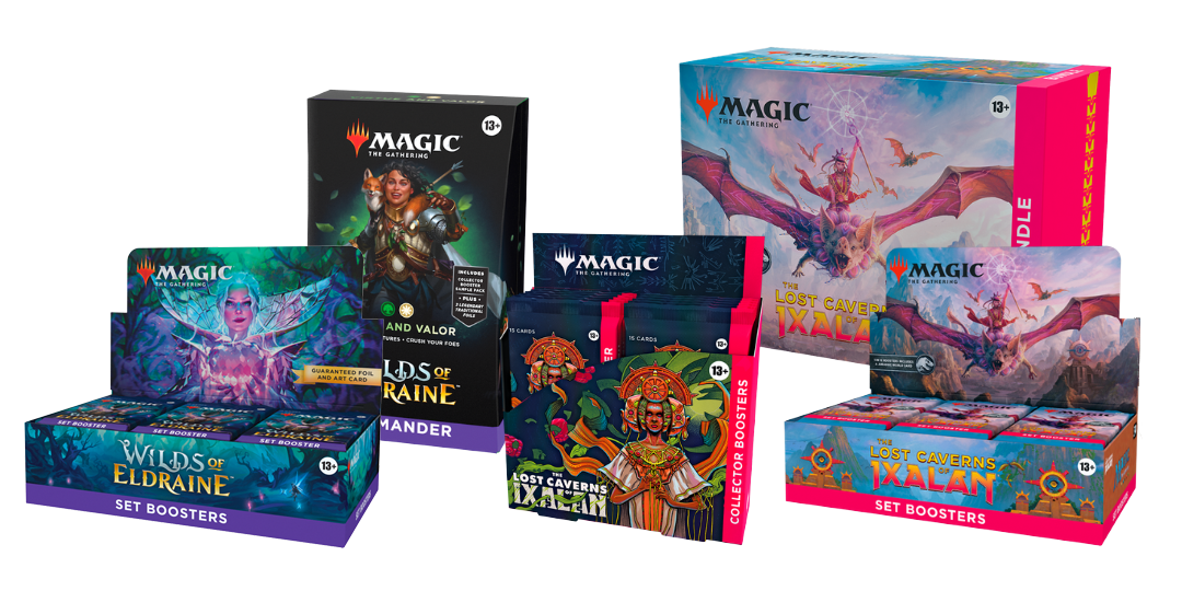 Magic: The Gathering products, including Wilds of Eldraine set boosters and a commander deck, Lost Caverns of Ixalan set boosters, collector boosters, and bundle
